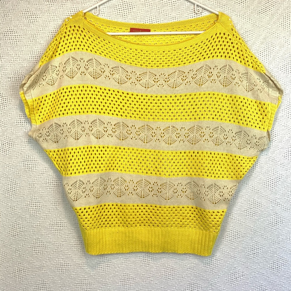 Yellow Cream Mesh Open Knit cover up top dolman sleeve large Passion 4 Fashion